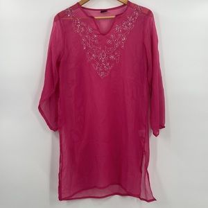 Hot pink sheer gauze tunic cover up silver tone sequins